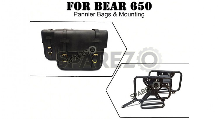 For Royal Enfield Bear 650 Leather Black Color Pannier Bags and Mounting - SPAREZO For Royal Enfield Bear 650 Leather Black Color Pannier Bags and Mounting - SPAREZO